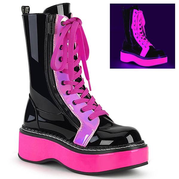 Demonia Women's Emily-350 Platform Mid Calf Boots - Black UV Neon Pink D3540-12US Clearance